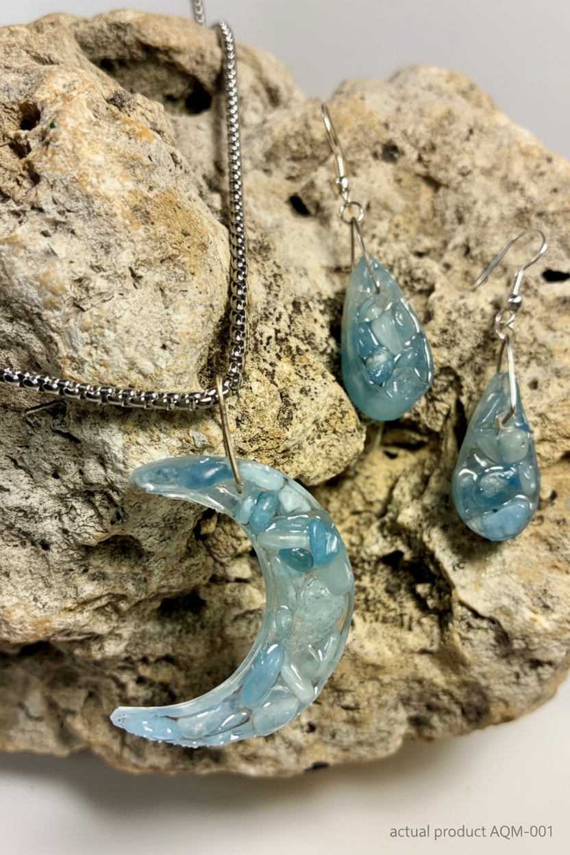 Aquamarine Crescent Moon & Teardrop Earring Set AQM-001