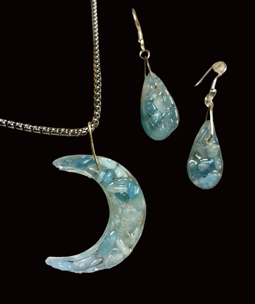 Aquamarine Crescent Moon & Teardrop Earring Set AQM-001