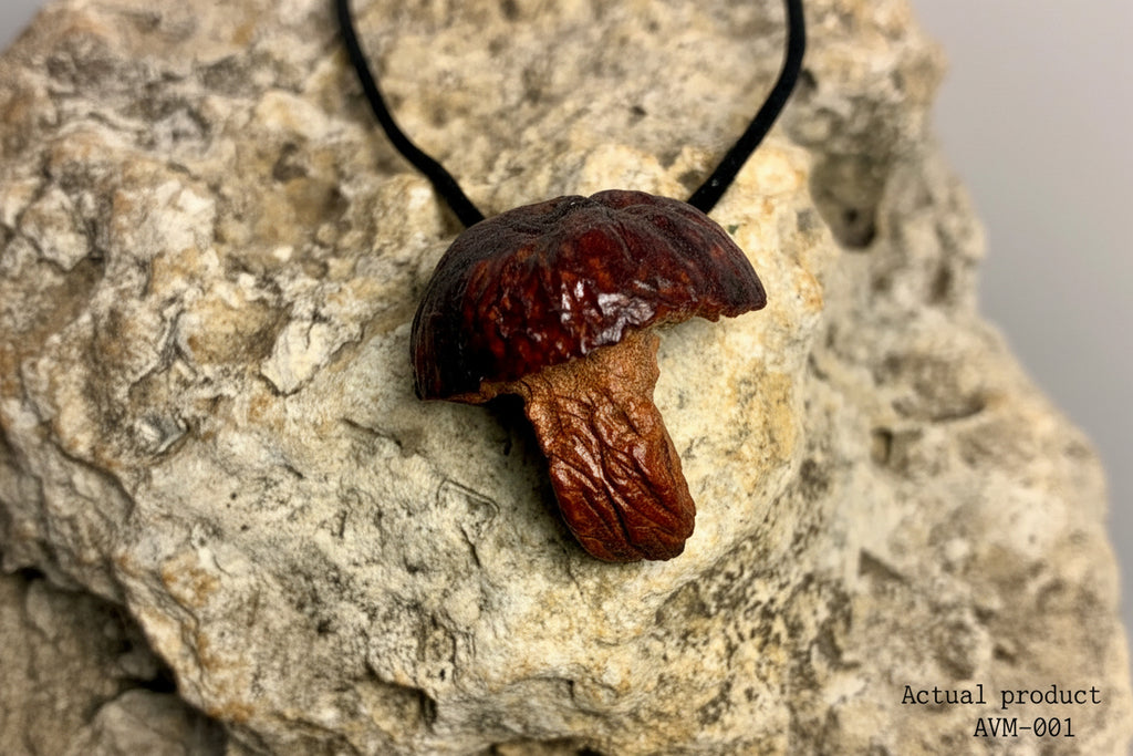 Hand-Carved Mushroom Avocado Pit Pendant AVM-001