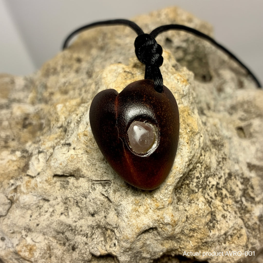 Avocado Pit Heart & Rose Quartz Pendant Necklace AVRQ-001