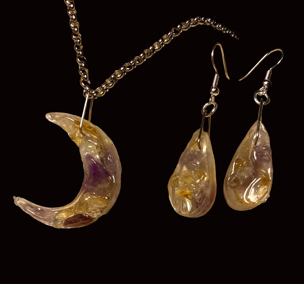 Amethyst & Citrine Crescent Moon & Teardrop Earring Set AYCTM-001