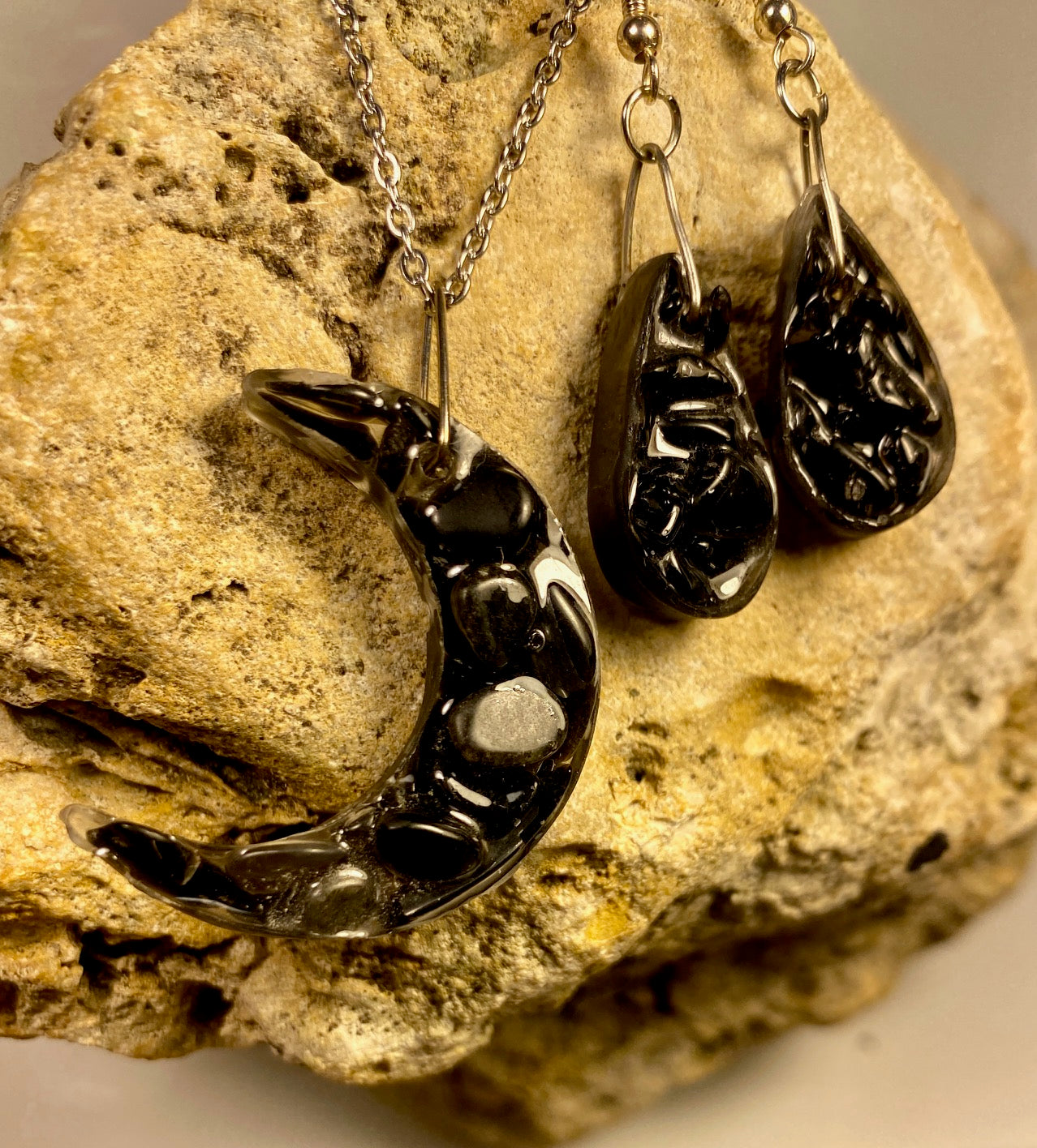 Black Obsidian Crescent Moon Set — Necklace & Earrings BOM-001