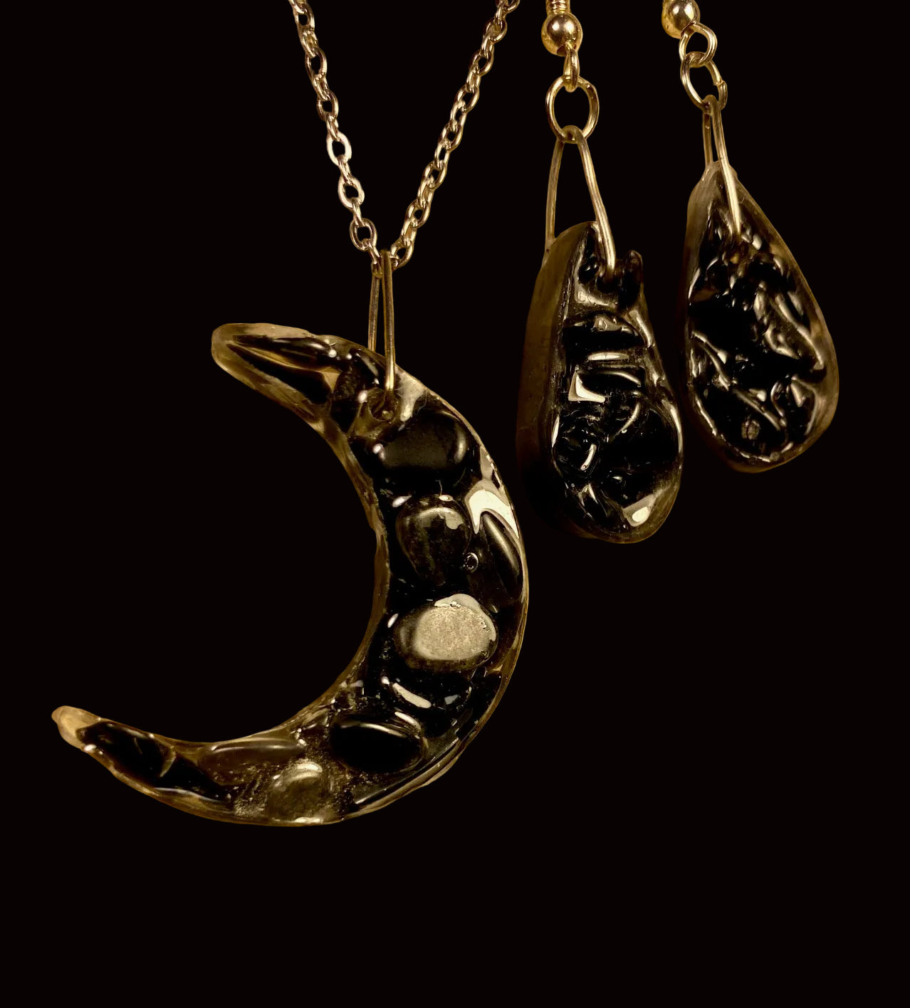 Black Obsidian Crescent Moon Set — Necklace & Earrings BOM-001