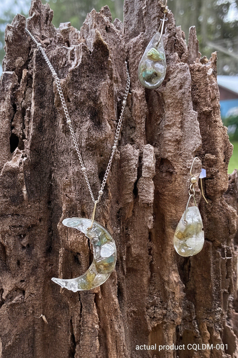 Clear Quartz & Labradorite Crescent Moon Set — Necklace & Earrings CQLDM-001