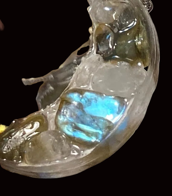 Clear Quartz & Labradorite Crescent Moon Set — Necklace & Earrings CQLDM-001
