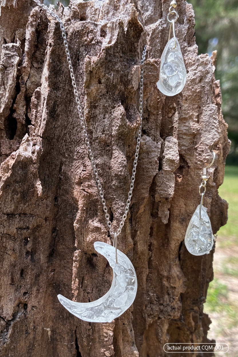 Clear Quartz Crescent Moon Set — Necklace & Earrings CQM-001