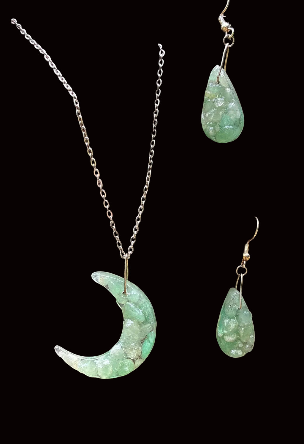 Green Aventurine Crescent Moon Set — Necklace & Earrings GAM-001