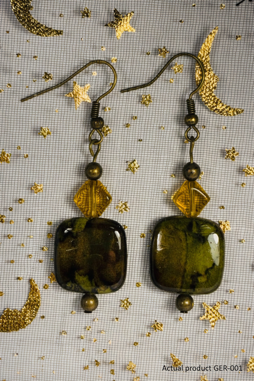 Bronze & Olive Swirl Glass Dangle Earrings GER-001