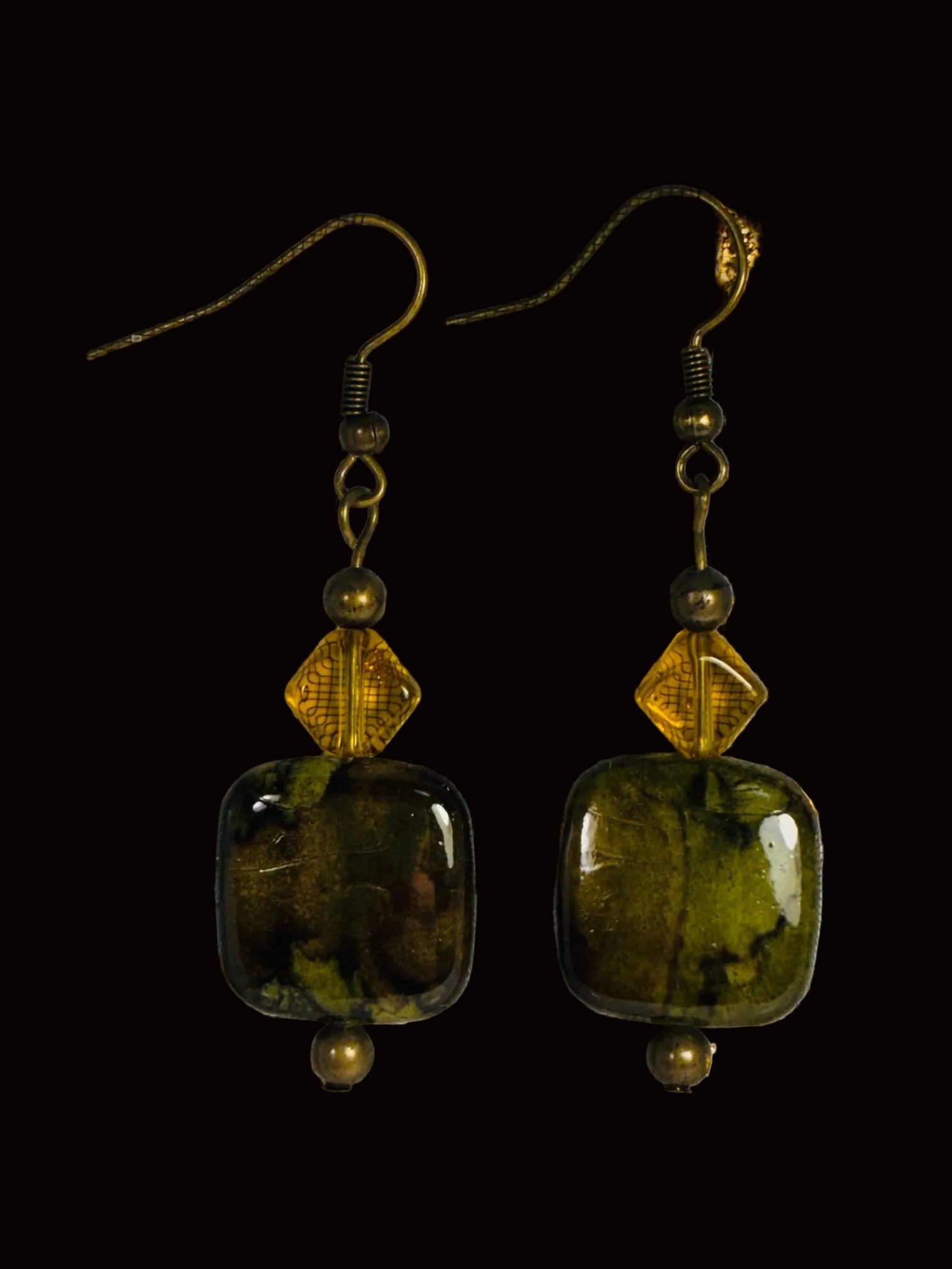 Bronze & Olive Swirl Glass Dangle Earrings GER-001