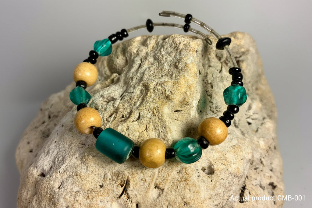 Teal Glass & Natural Wood Memory Wire Bracelet MB-001