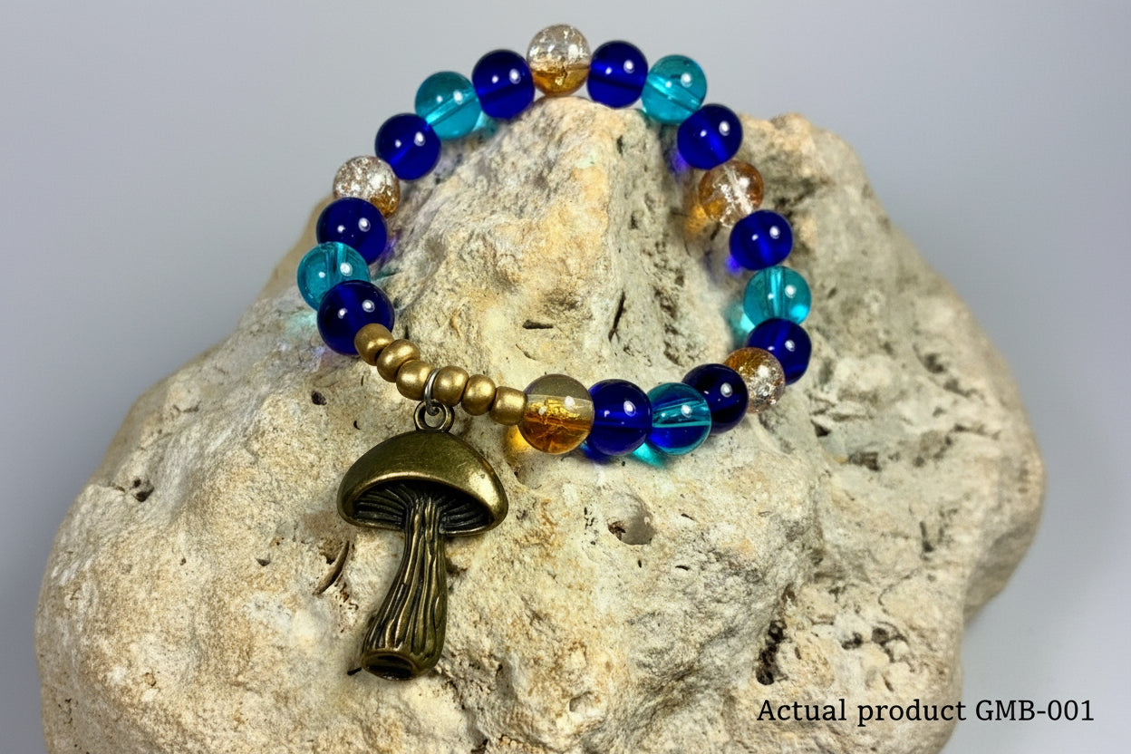 Bronze Mushroom Charm Stretch Bracelet — Cobalt & Teal Glass GMB-001