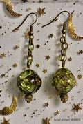 Bronze & Olive Green Crackle Glass Chain Dangle Earrings GER-003