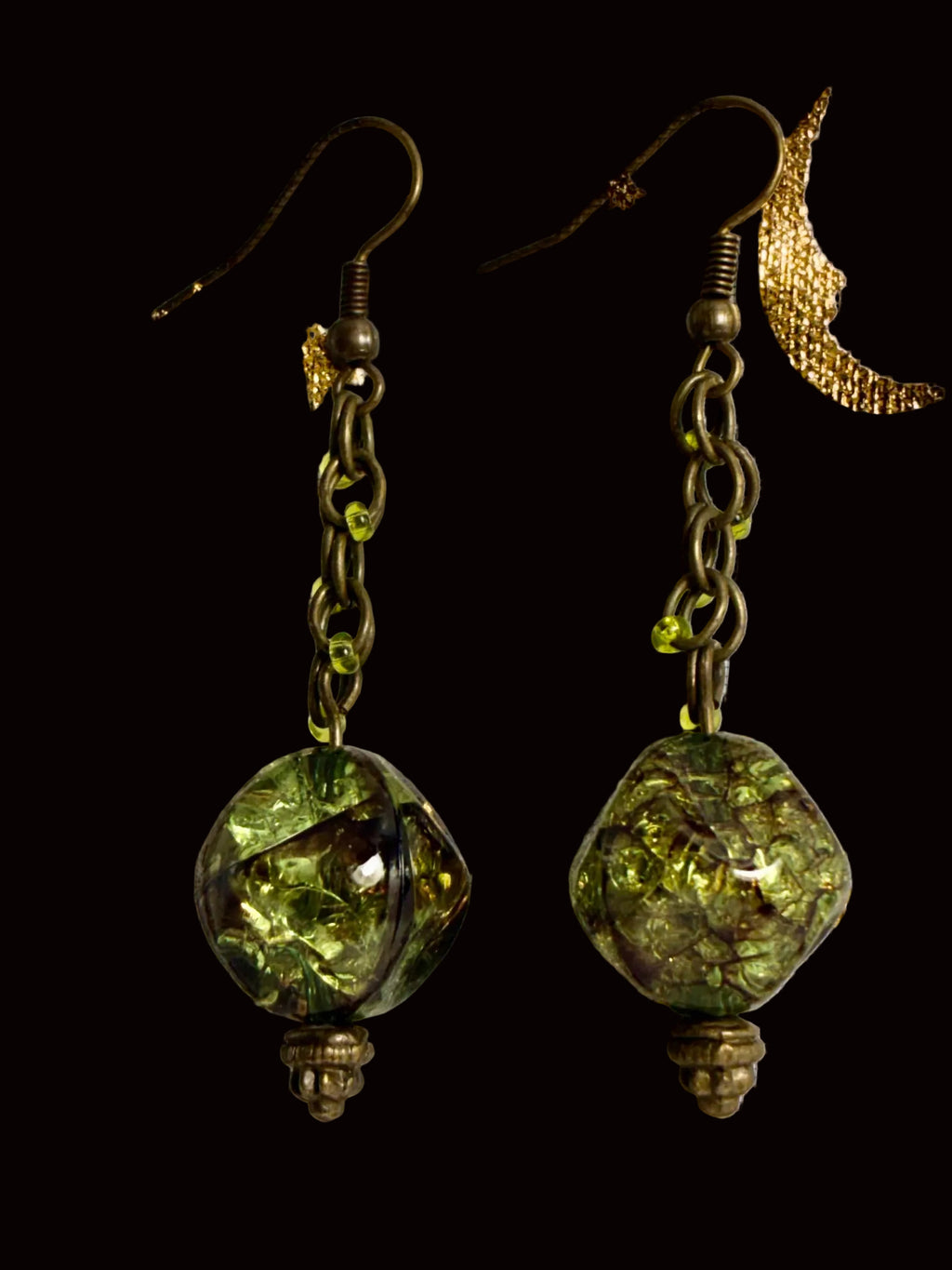 Bronze & Olive Green Crackle Glass Chain Dangle Earrings GER-003