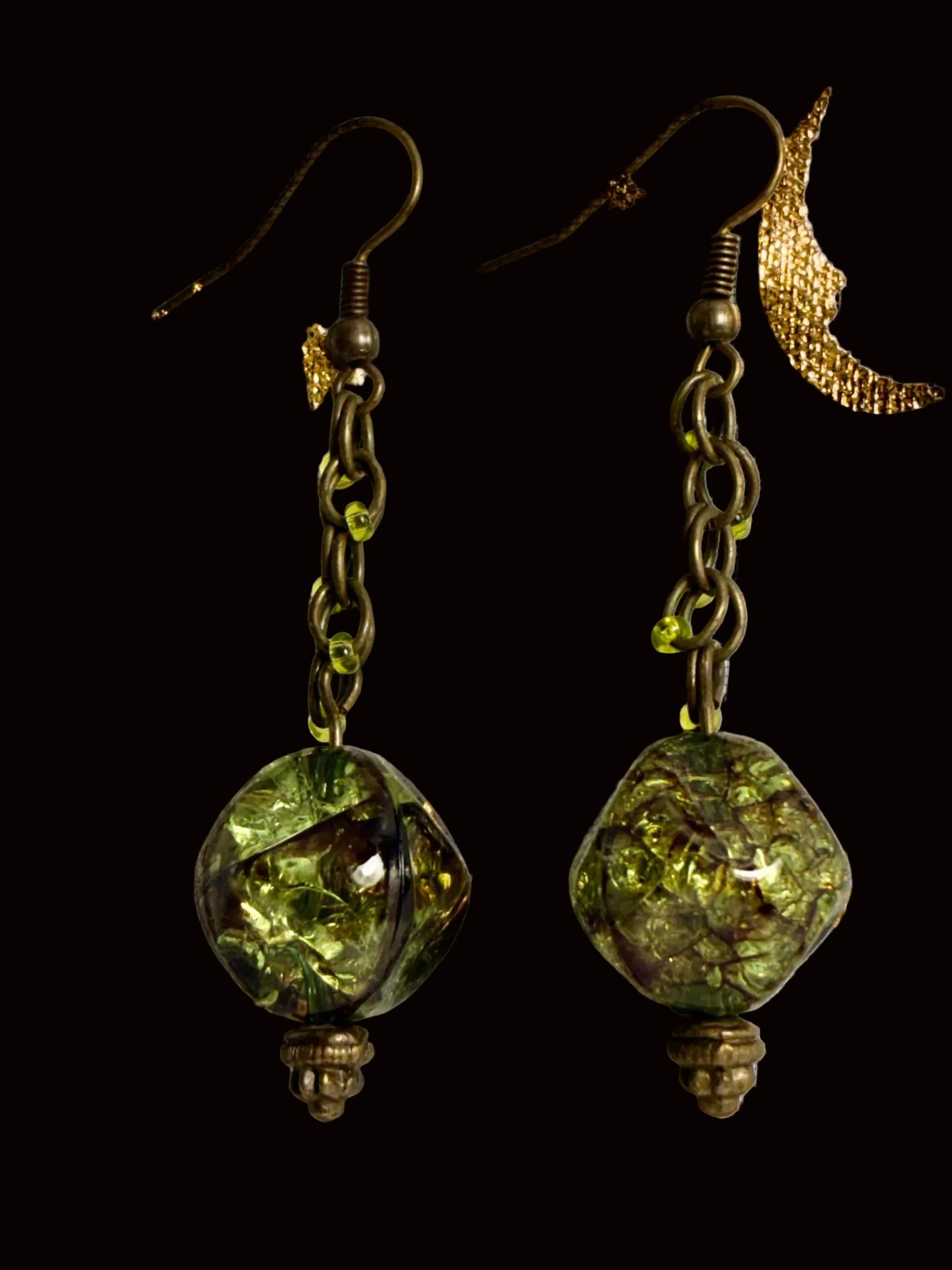 Bronze & Olive Green Crackle Glass Chain Dangle Earrings GER-003