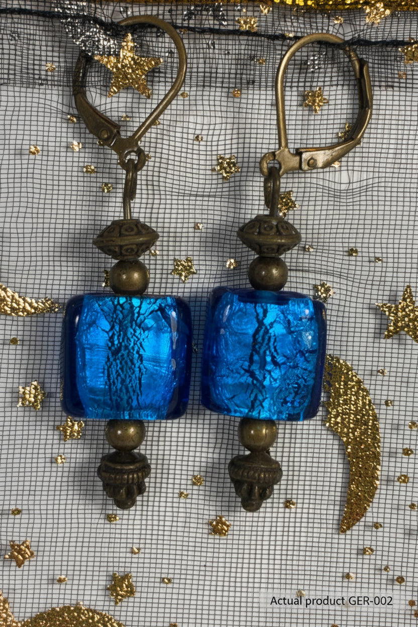 Bronze & Electric Blue Crackle Glass Lever-Back Earrings GER-002
