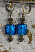 Bronze & Electric Blue Crackle Glass Lever-Back Earrings GER-002