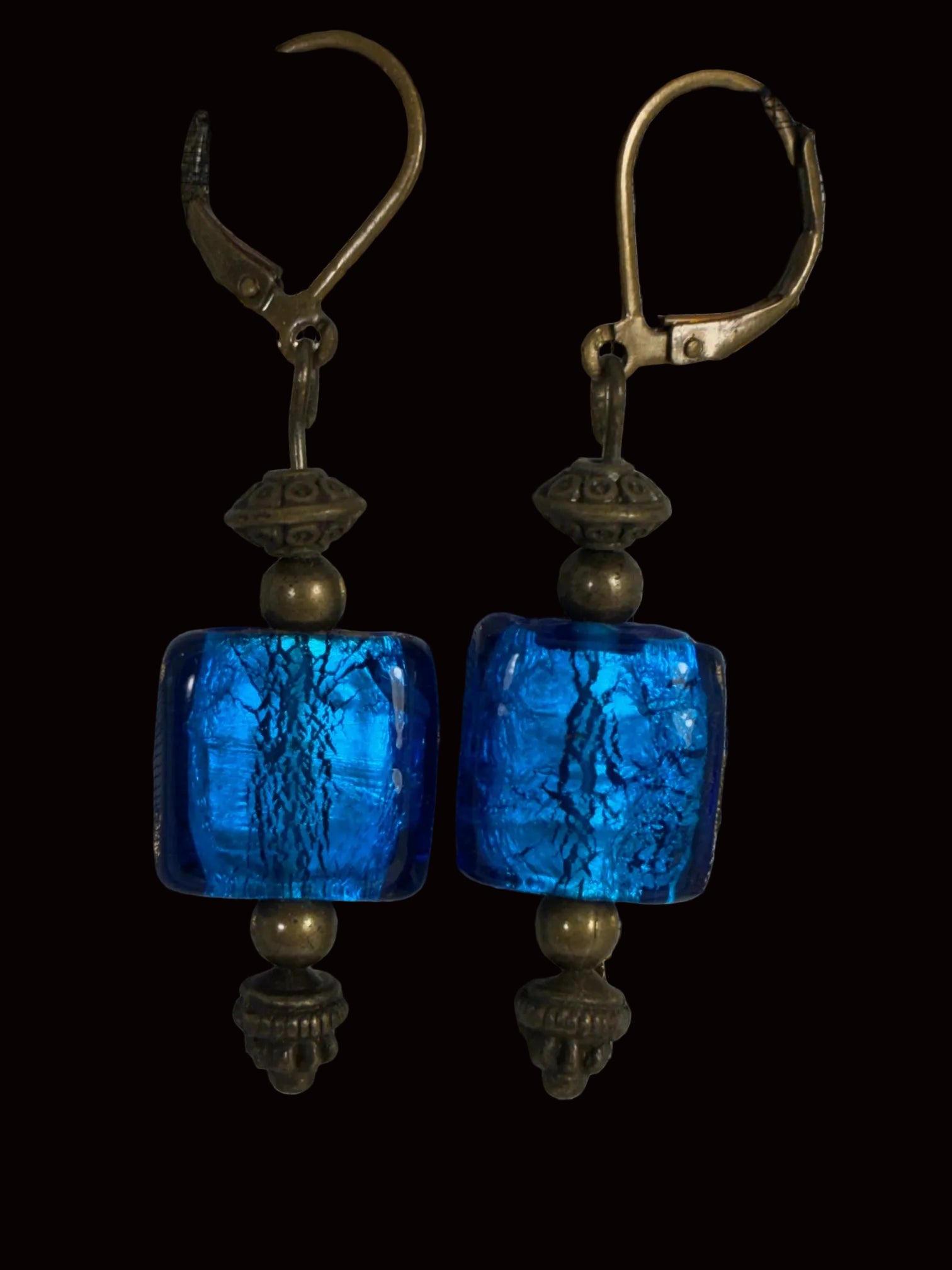 Bronze & Electric Blue Crackle Glass Lever-Back Earrings GER-002
