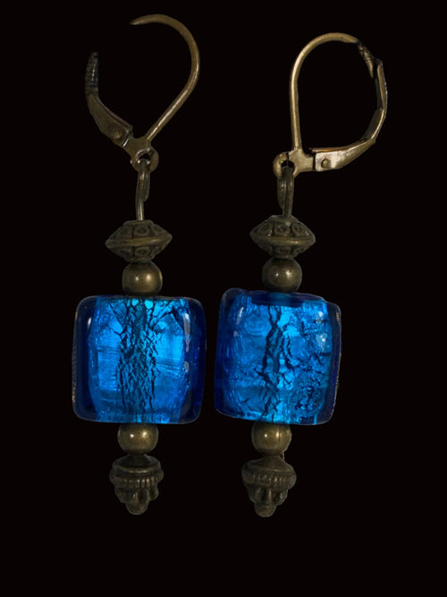 Bronze & Electric Blue Crackle Glass Lever-Back Earrings GER-002
