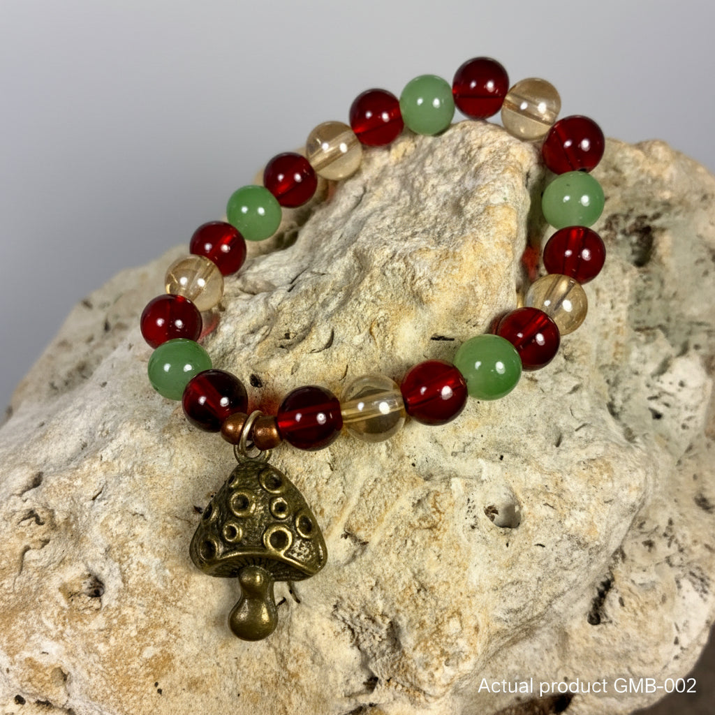 Bronze Mushroom Charm Stretch Bracelet — Garnet, Sage & Champagne Glass GMB-002