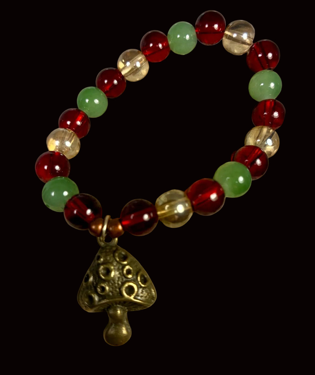 Bronze Mushroom Charm Stretch Bracelet — Garnet, Sage & Champagne Glass GMB-002