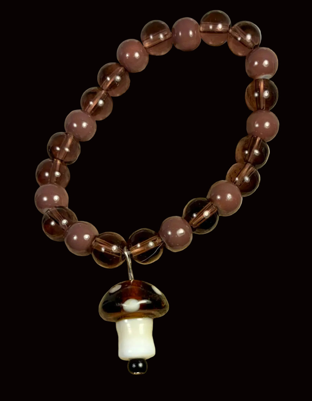 Glass Mushroom Charm Stretch Bracelet — Smoky Mauve & Brown Glass GMB-003