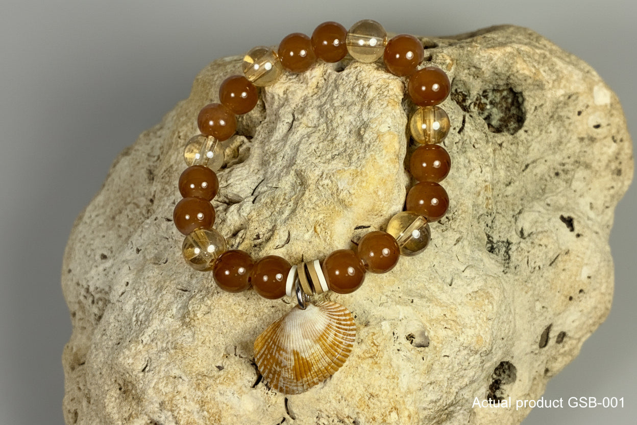 Real Shell Charm Stretch Bracelet — Caramel & Champagne Glass GSB-001