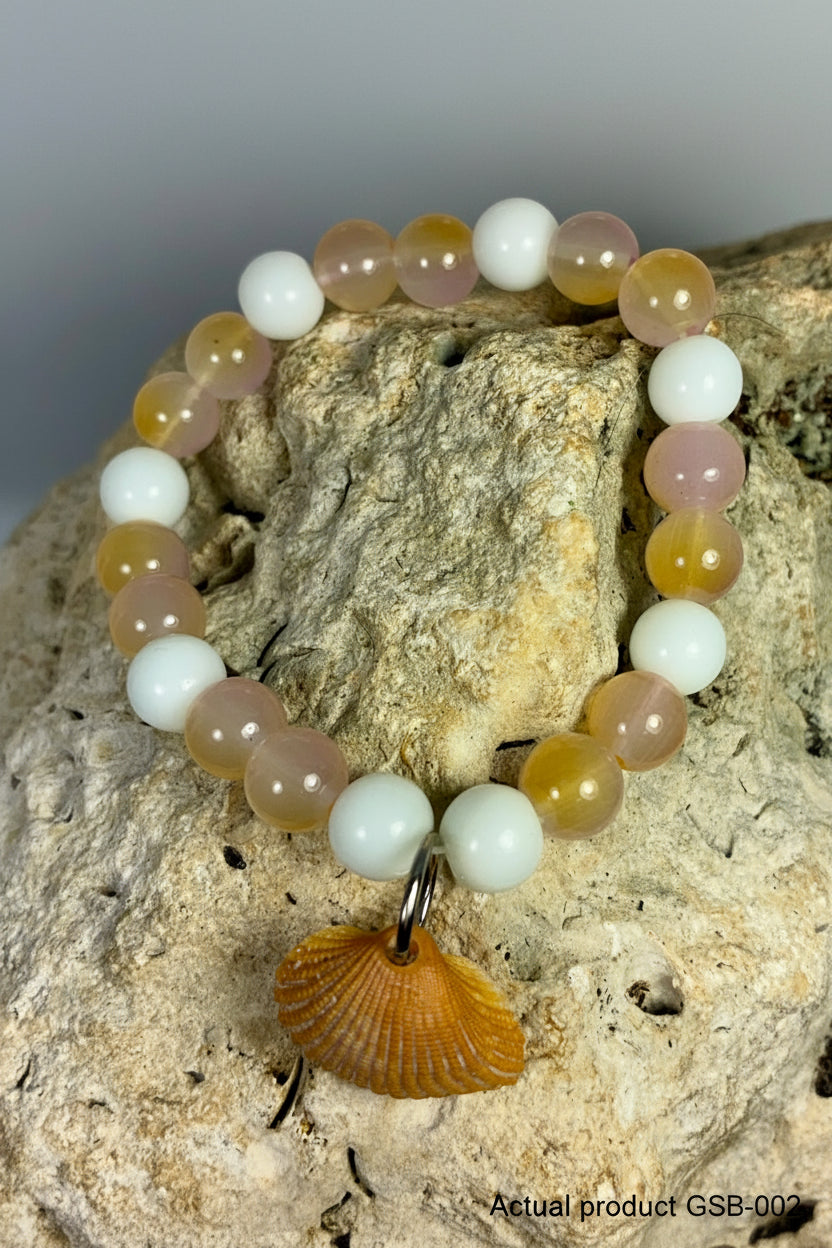 Real Shell Charm Stretch Bracelet — White, Blush & Honey Glass GSB-002