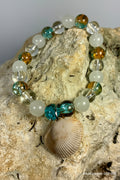 Real Shell Charm Stretch Bracelet — Frosted White, Teal & Gold Glass GSB-003