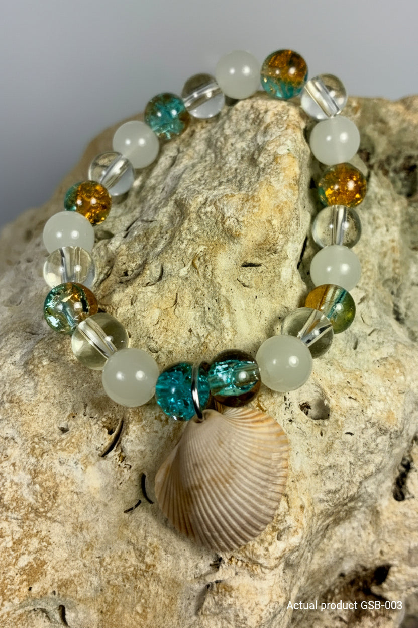 Real Shell Charm Stretch Bracelet — Frosted White, Teal & Gold Glass GSB-003