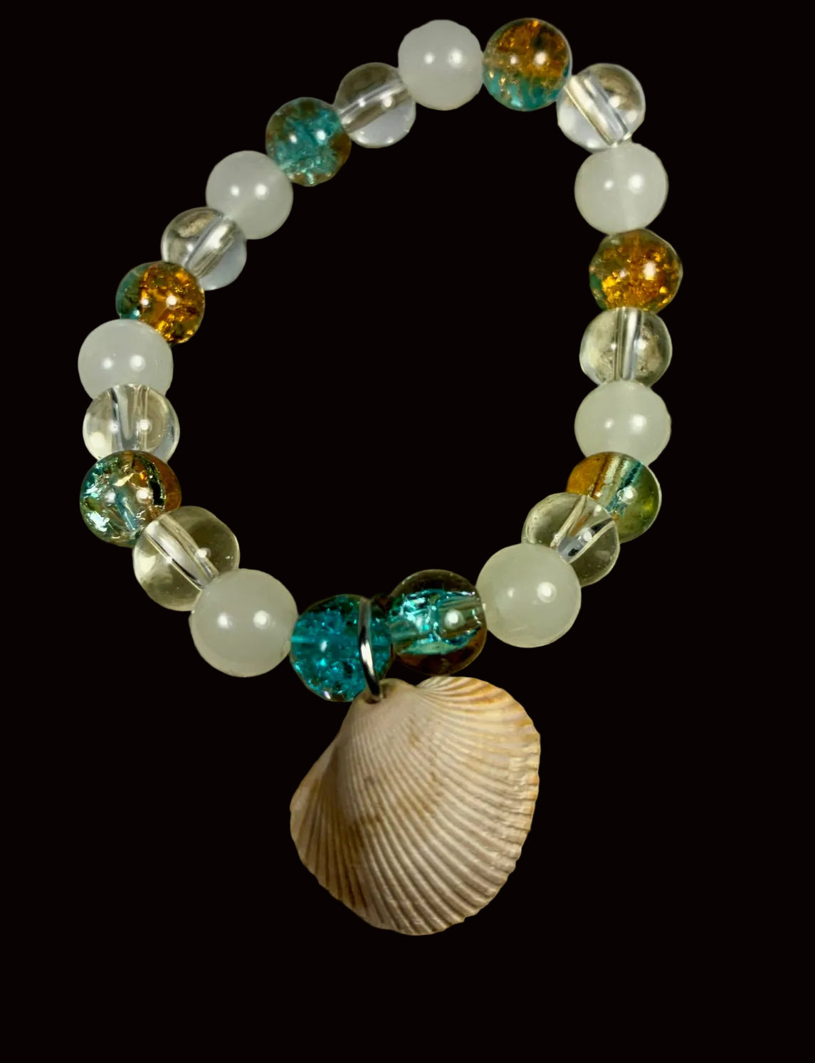 Real Shell Charm Stretch Bracelet — Frosted White, Teal & Gold Glass GSB-003