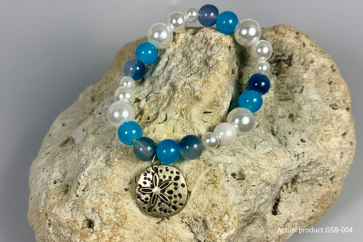 Silver Sand Dollar Charm Stretch Bracelet — Ocean Blue & Pearl Glass GSB-004