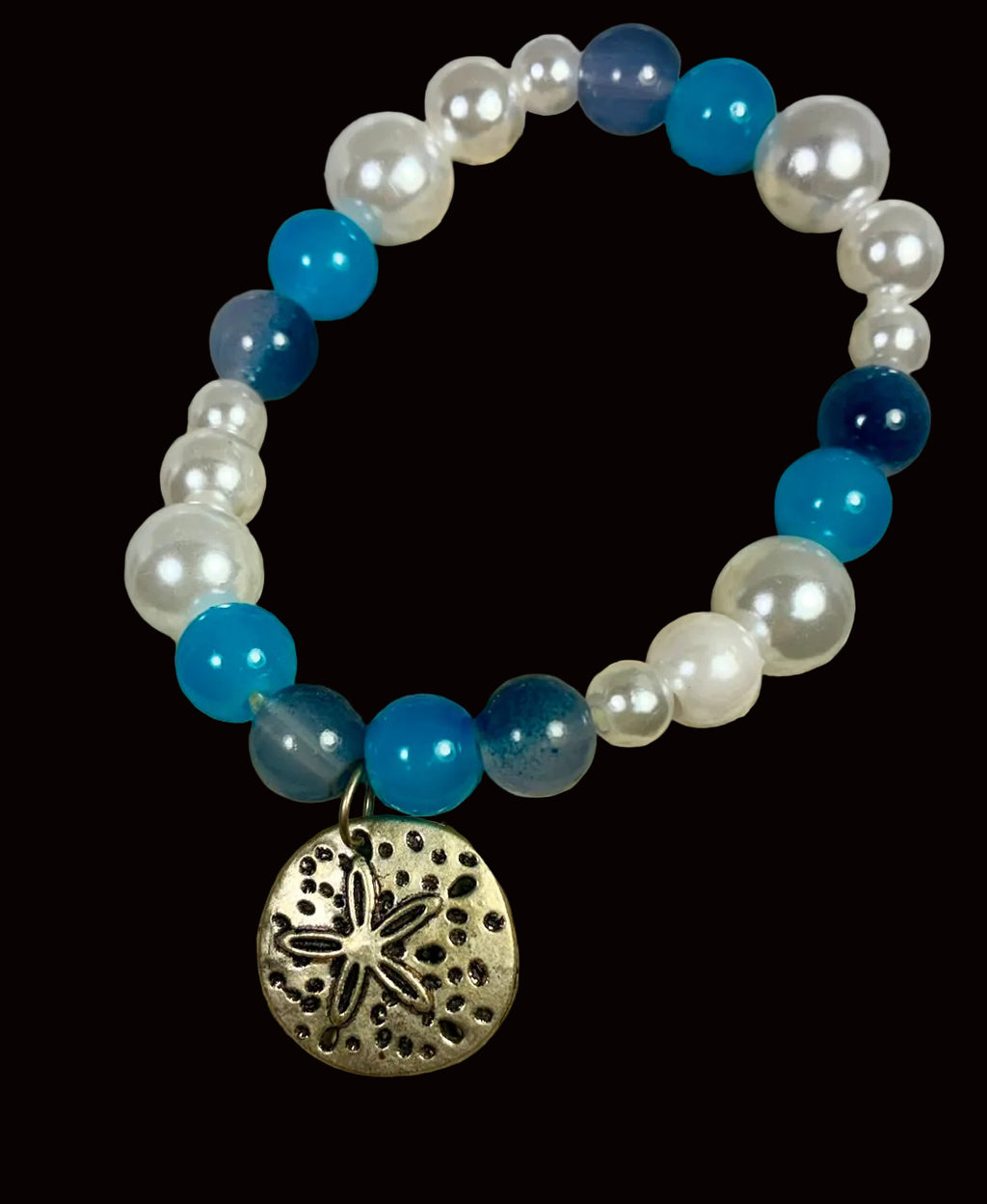 Silver Sand Dollar Charm Stretch Bracelet — Ocean Blue & Pearl Glass GSB-004