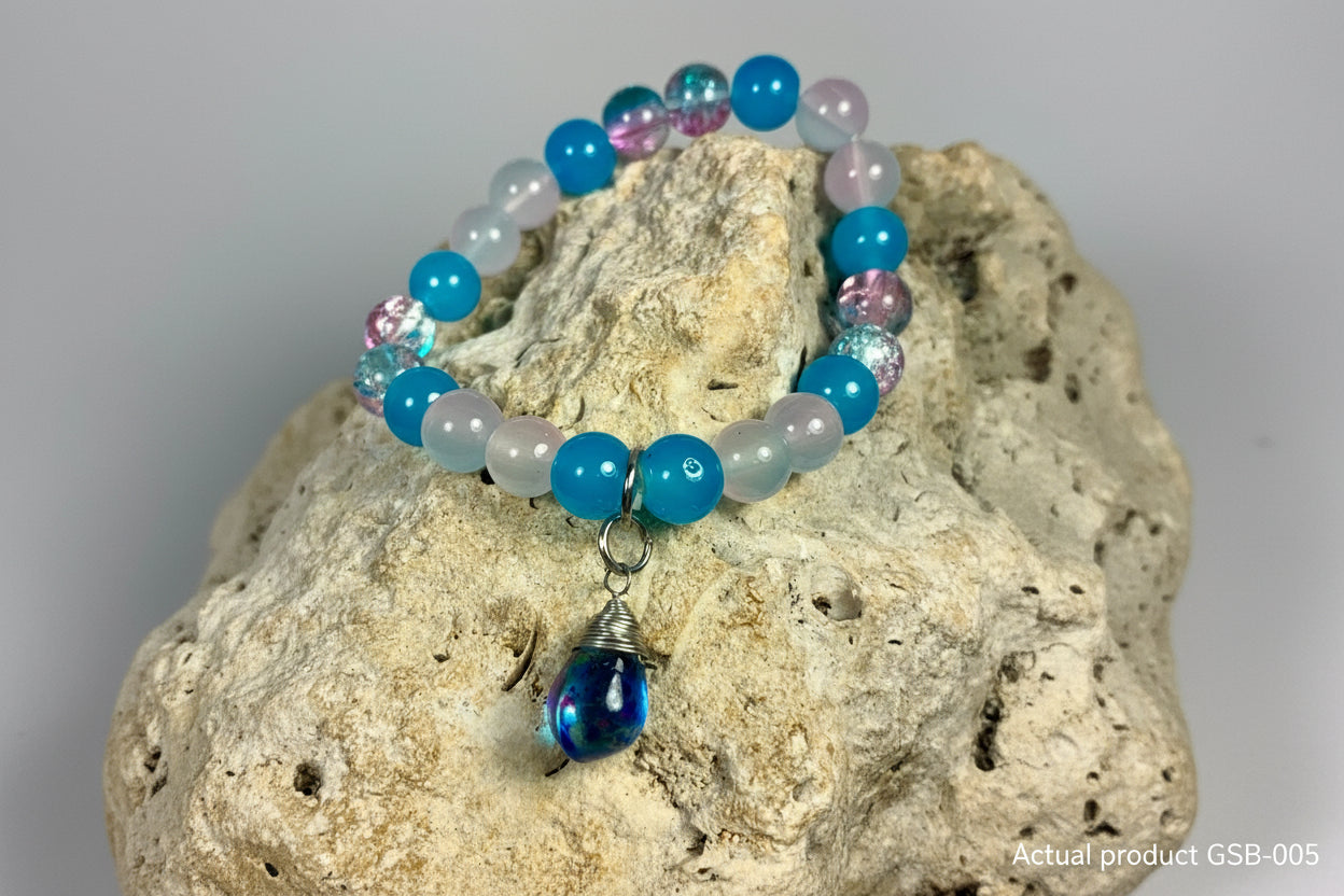 Wire-Wrapped Galaxy Glass Teardrop Stretch Bracelet — Ocean Blue & Lavender GSB-005