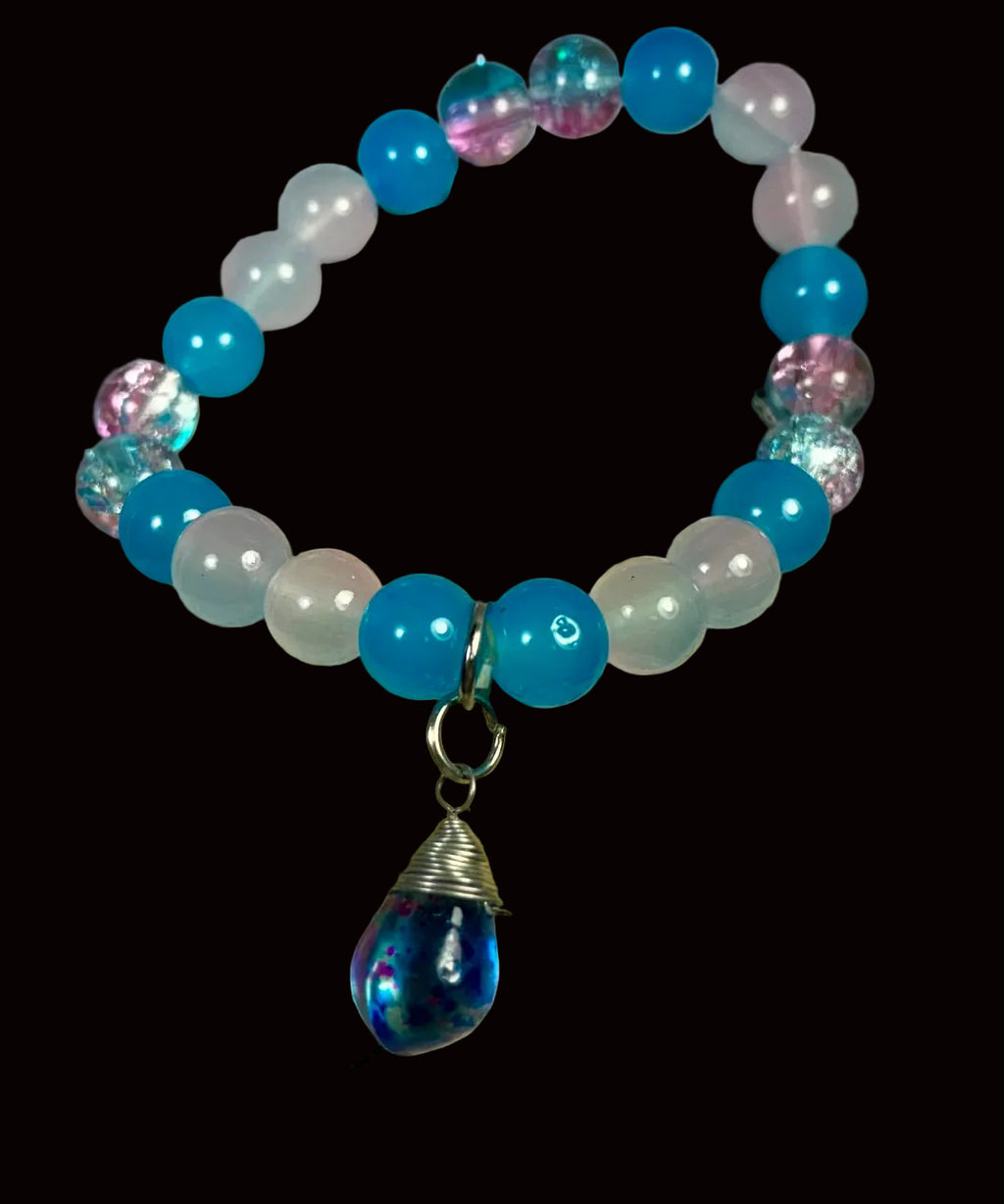 Wire-Wrapped Galaxy Glass Teardrop Stretch Bracelet — Ocean Blue & Lavender GSB-005
