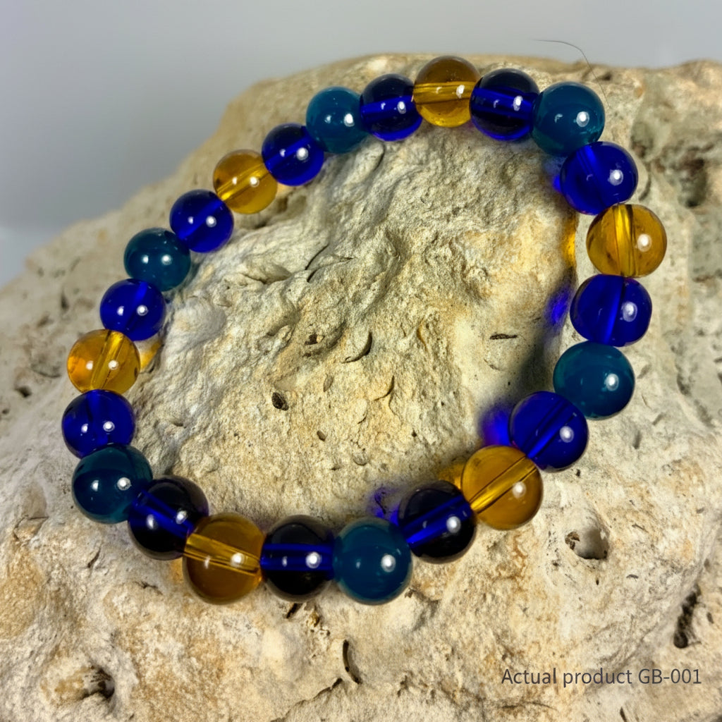 Cobalt Blue, Teal & Amber Glass Stretch Bracelet GB-001