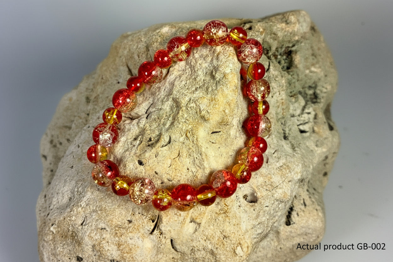 Red & Amber Two-Tone Crackle Glass Stretch Bracelet GB-002