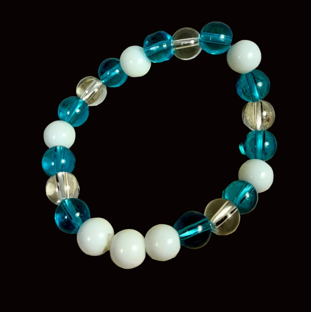 Teal, Clear Crystal & White Glass Stretch Bracelet GB-003