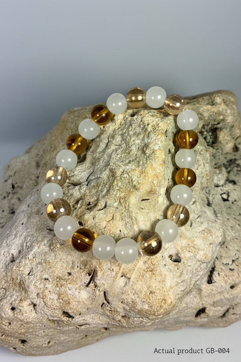 Honey Amber, Smoky Champagne & Frosted White Glass Stretch Bracelet GB-004