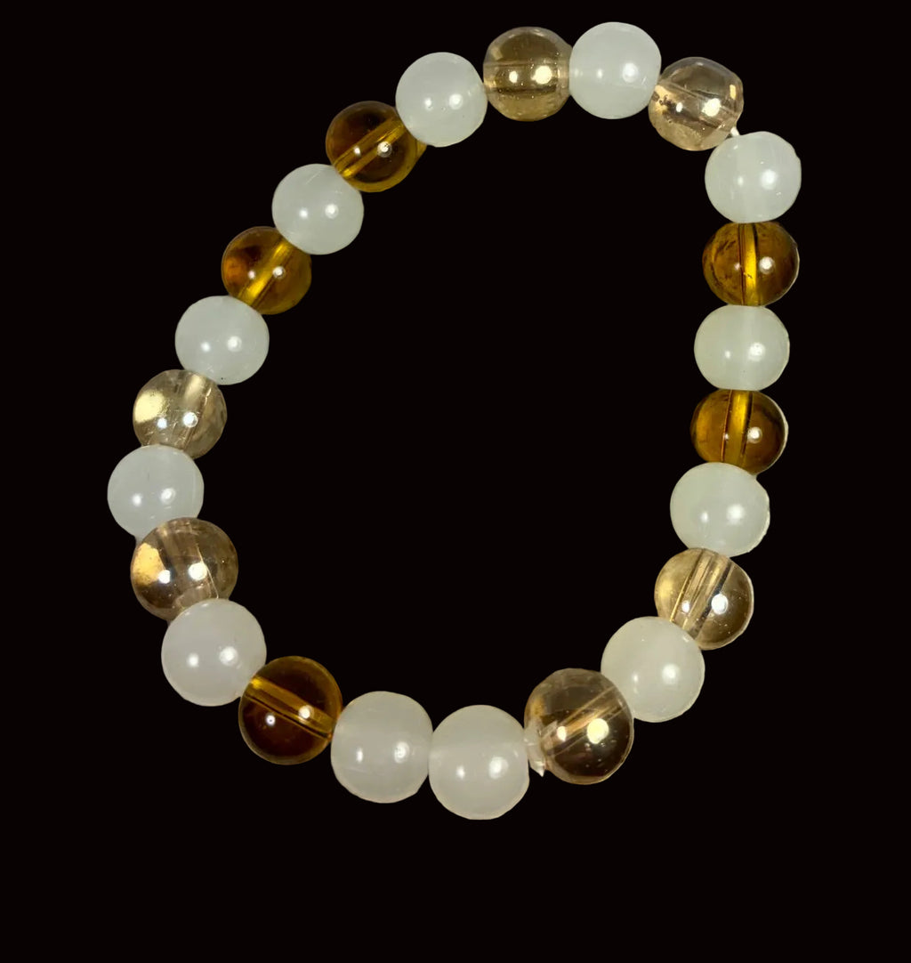 Honey Amber, Smoky Champagne & Frosted White Glass Stretch Bracelet GB-004