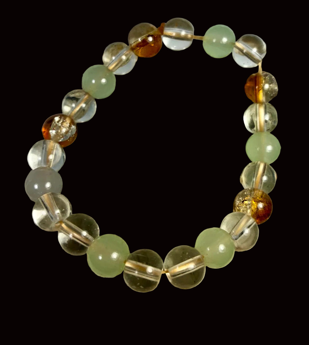 Sage Green, Clear Crystal & Amber Glass Stretch Bracelet GB-005
