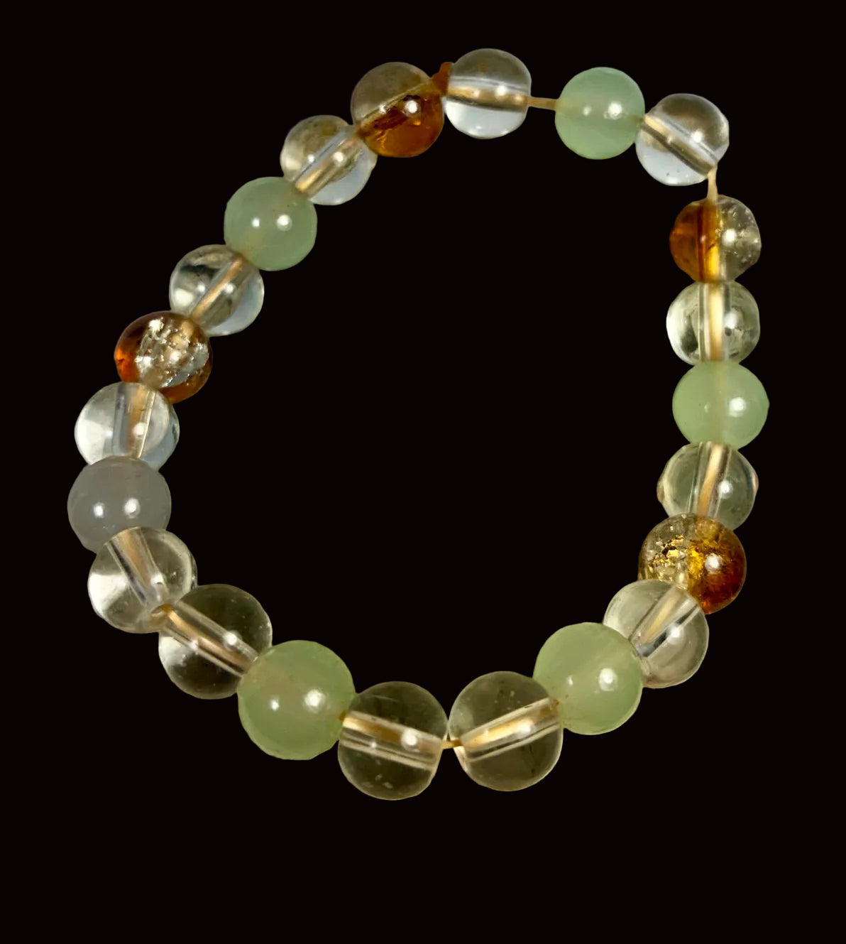 Sage Green, Clear Crystal & Amber Glass Stretch Bracelet GB-005