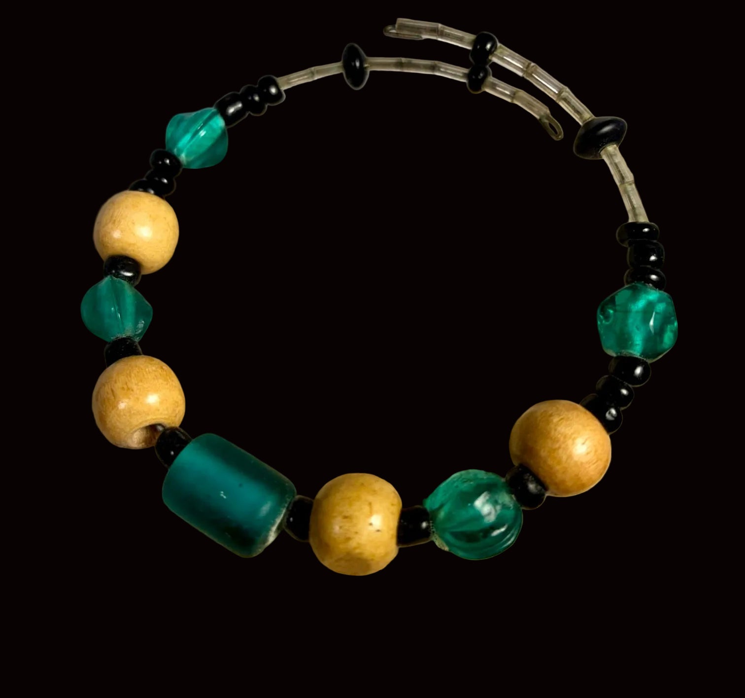 Teal Glass & Natural Wood Memory Wire Bracelet MB-001