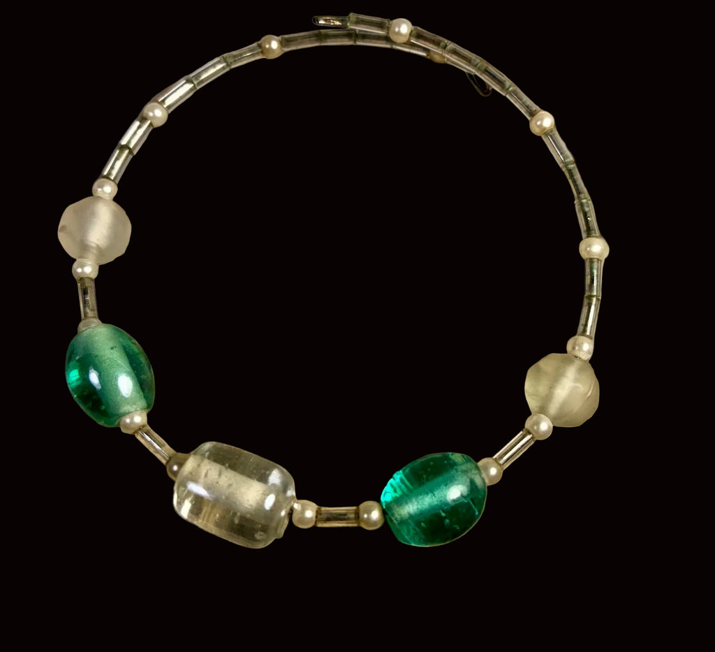 Emerald Green, Frosted Sage & Pearl Glass Memory Wire Bracelet MB-002