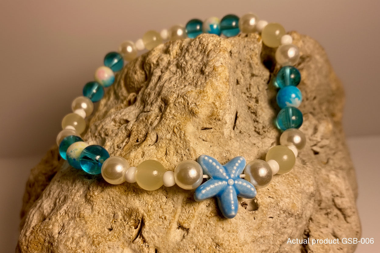Ceramic Starfish Charm Stretch Bracelet — Teal, Sage & Pearl Glass GSB-006