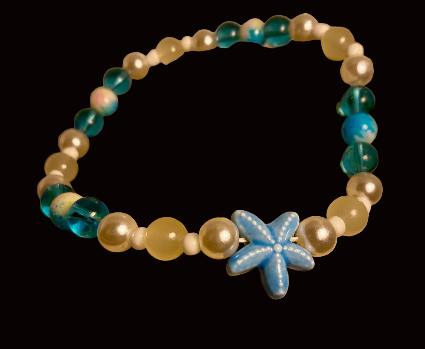 Ceramic Starfish Charm Stretch Bracelet — Teal, Sage & Pearl Glass GSB-006