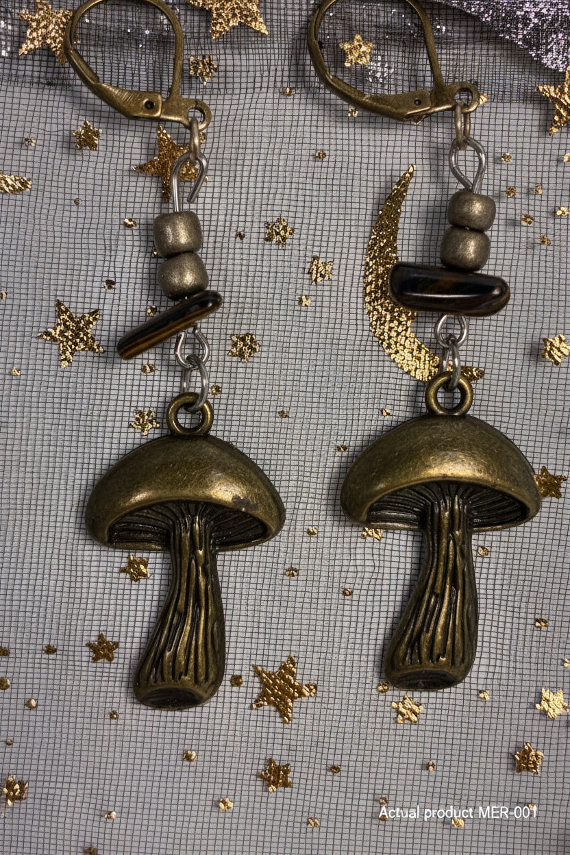 Bronze Mushroom & Tiger Eye Dangle Earrings MER-001