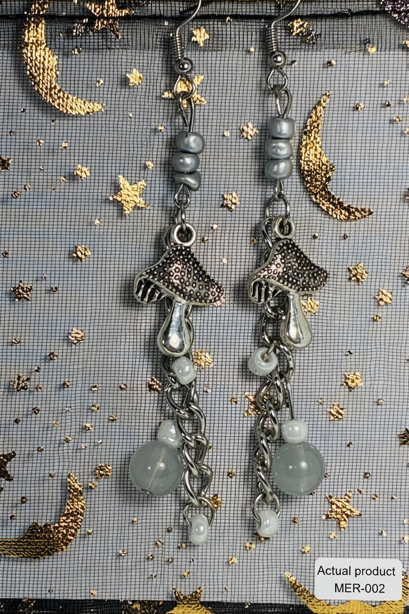 Silver Mushroom & Glass Bead Dangle Earrings MER-002
