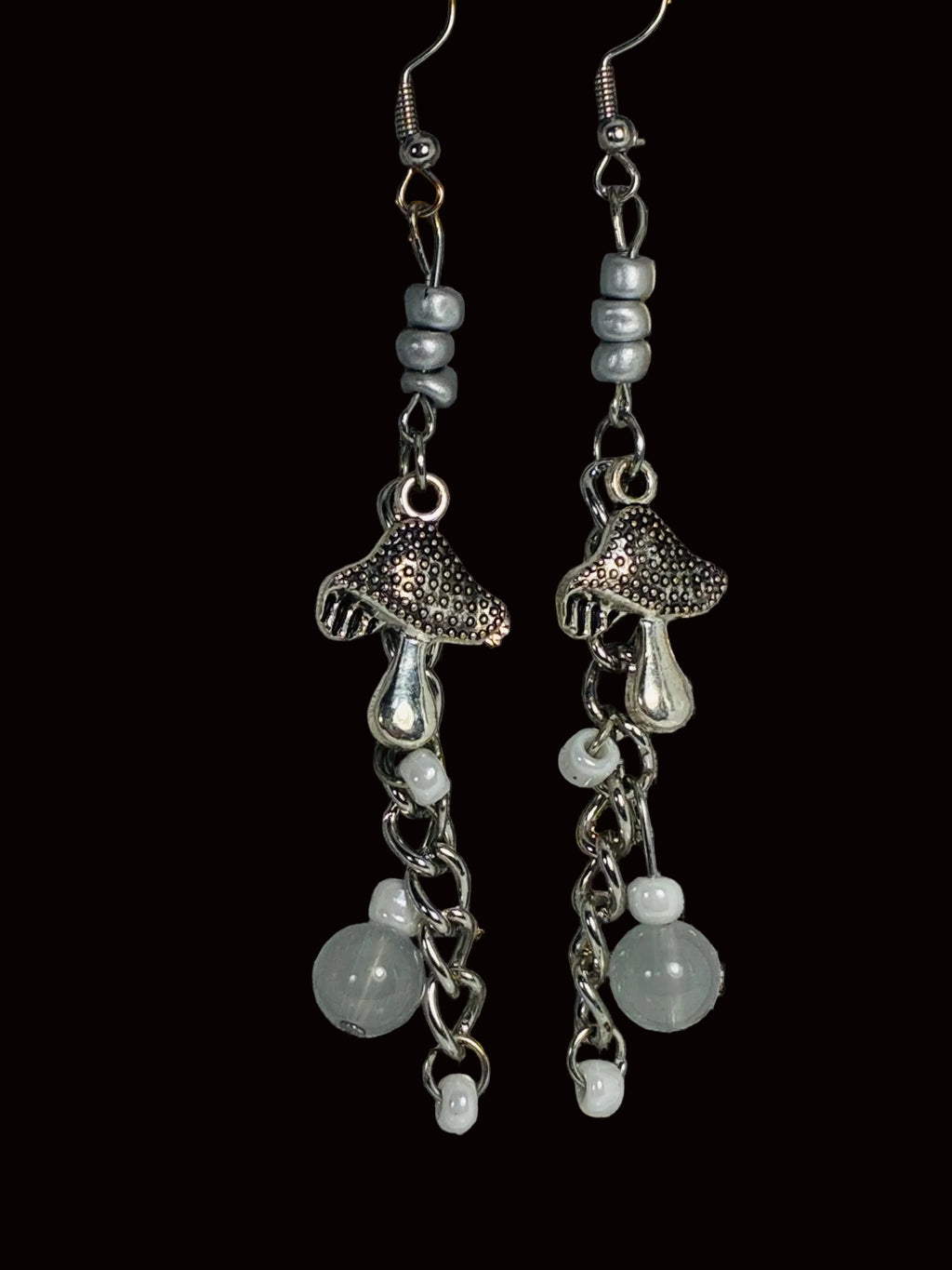 Silver Mushroom & Glass Bead Dangle Earrings MER-002