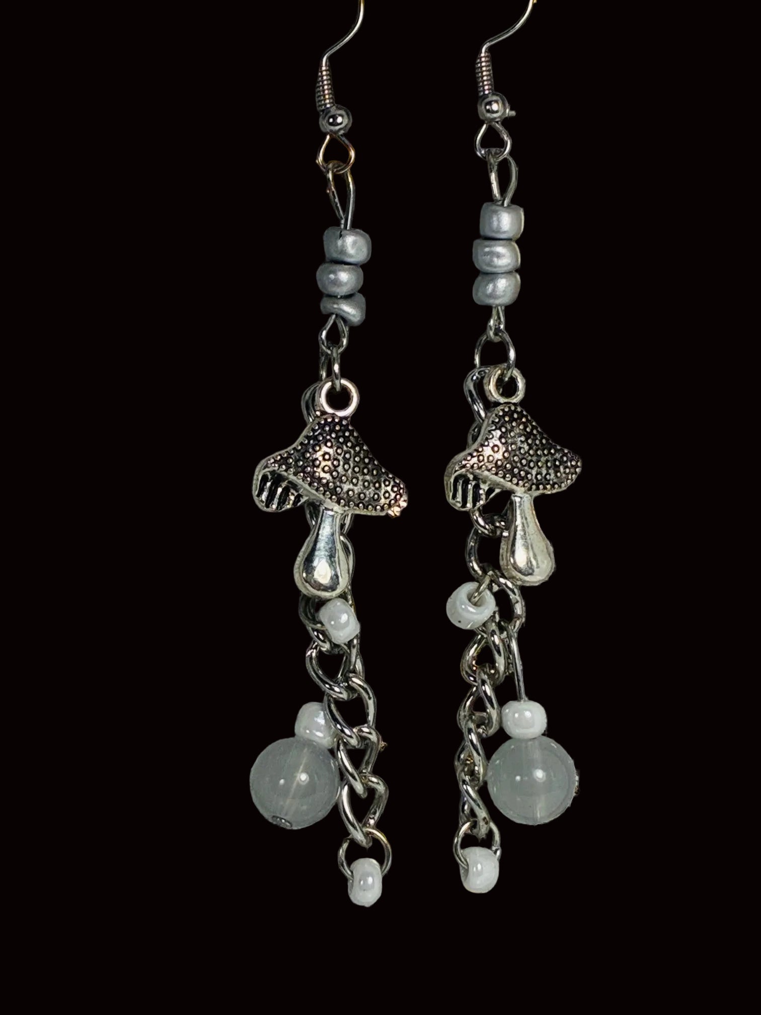 Silver Mushroom & Glass Bead Dangle Earrings MER-002