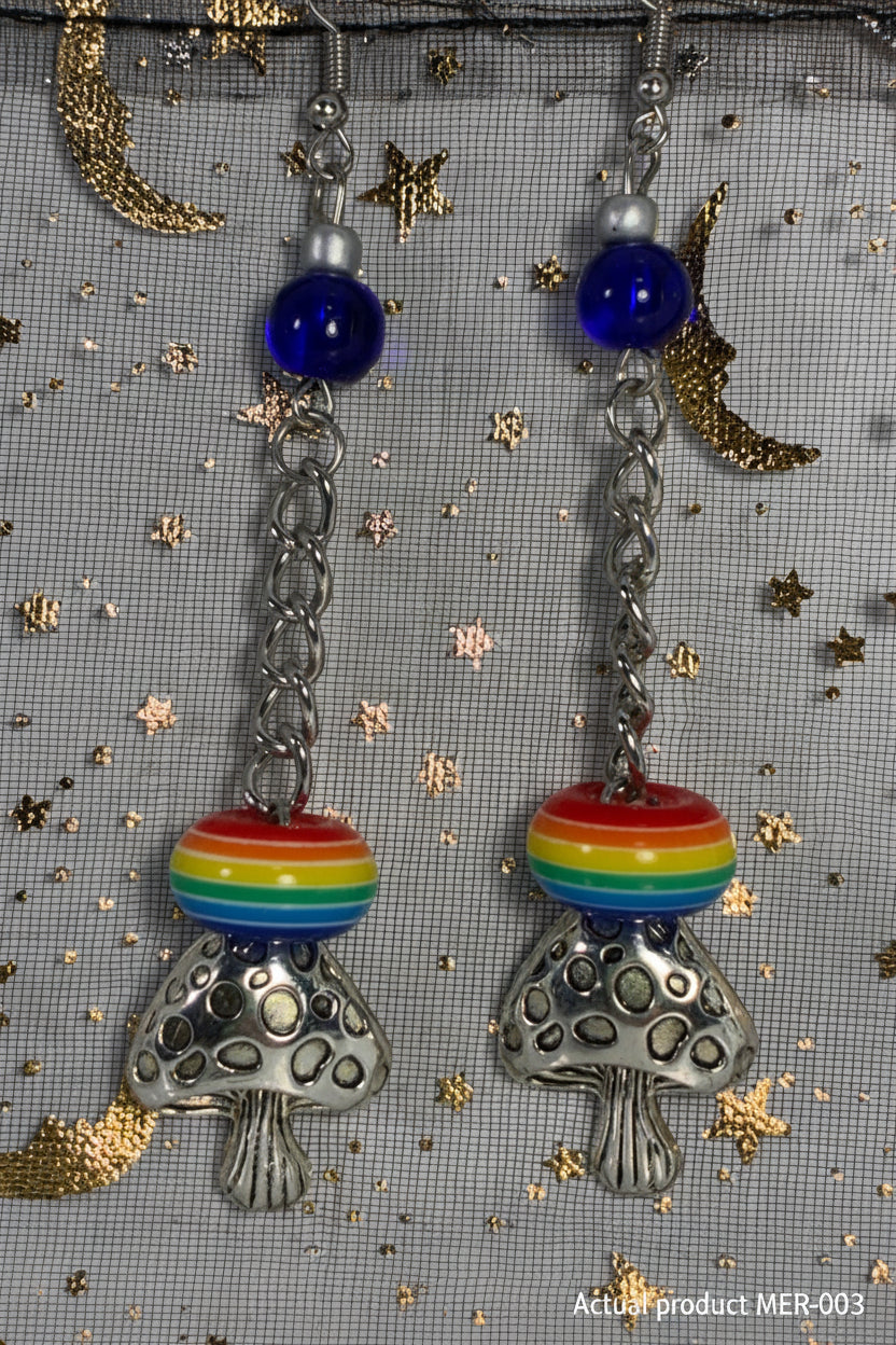 Silver Rainbow Mushroom & Cobalt Glass Dangle Earrings MER-003